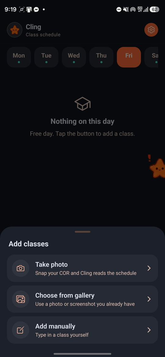 Add classes sheet with Take photo, Choose from gallery and Add manually