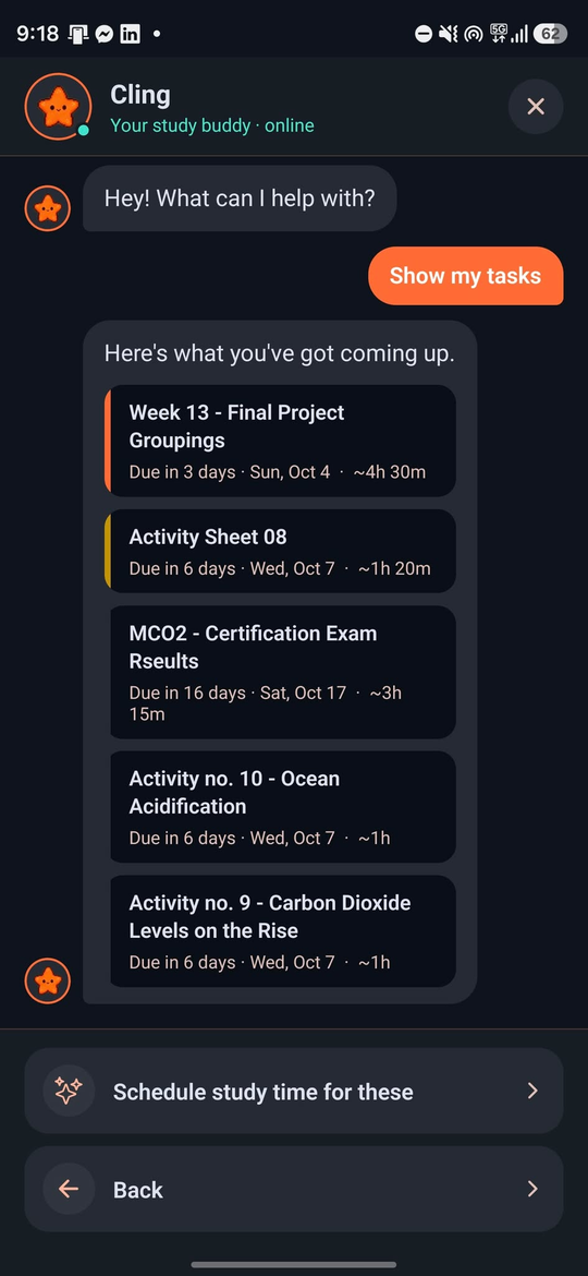 Chat with Cling listing upcoming tasks with quick replies