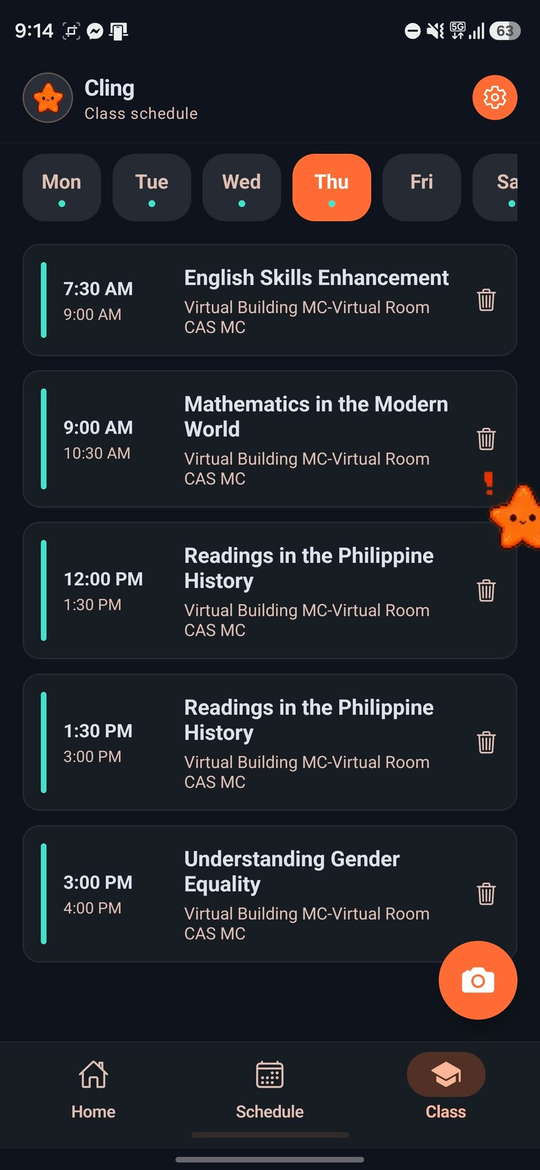 Class screen showing the weekly class timetable by day