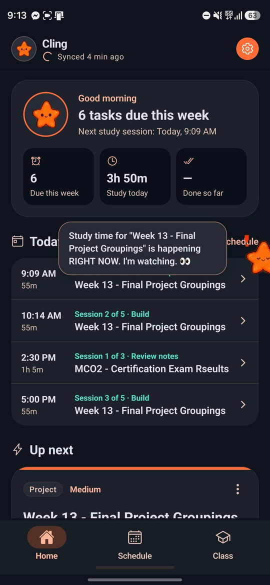 Home screen: the week at a glance, today's study sessions, and Cling's speech bubble reminding you a study session has started