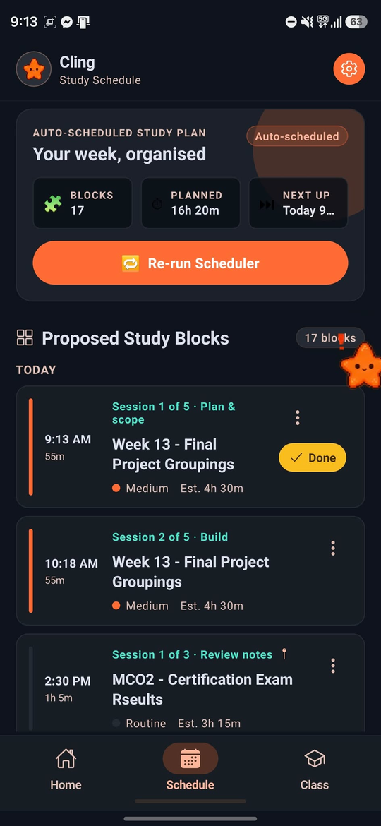 Schedule screen listing proposed study blocks by day